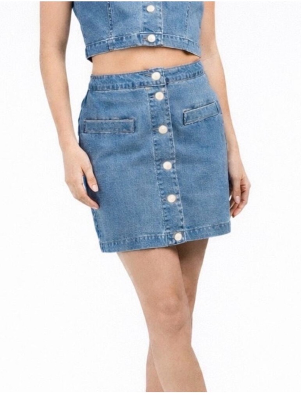 House of Harlow Pearl Button Denim Skirt - High Waisted Blue Mini Size 6